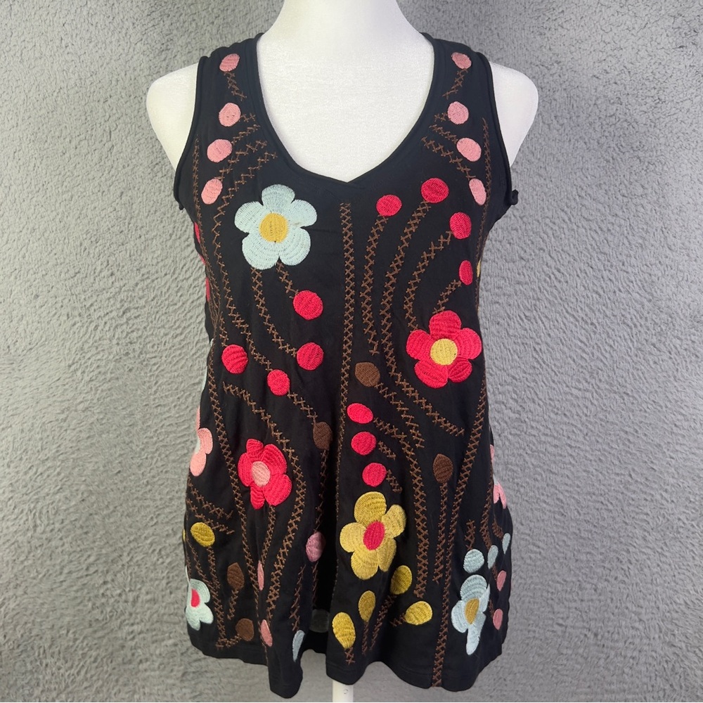 Johnny Was Top Women XXS Black Joni Raw Edge V-Neck Tank Embroidered Floral Boho